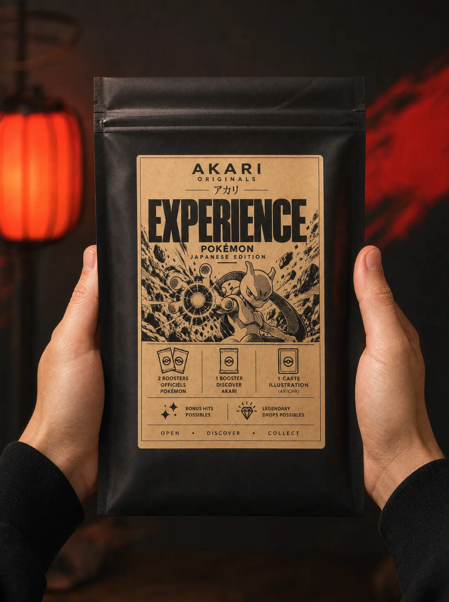 Sachet Akari Experience Pokémon tenu en main devant une lanterne rouge