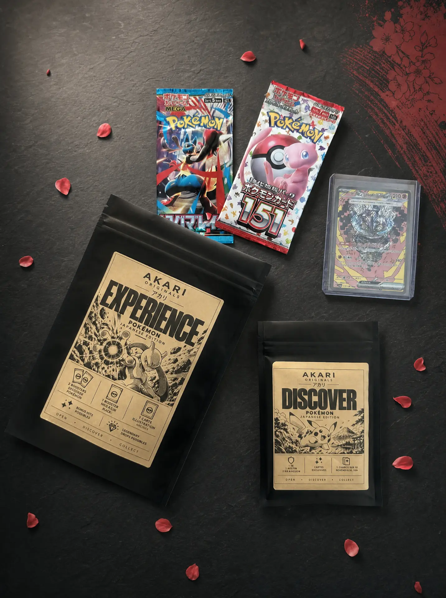 Akari Experience Pokémon avec deux boosters officiels japonais, un sachet Discover Akari et une carte en toploader
