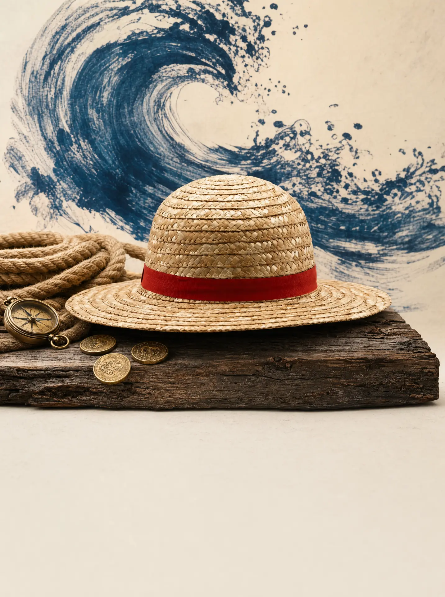 Chapeau de paille à ruban rouge, vague bleue peinte, corde, boussole et pièces