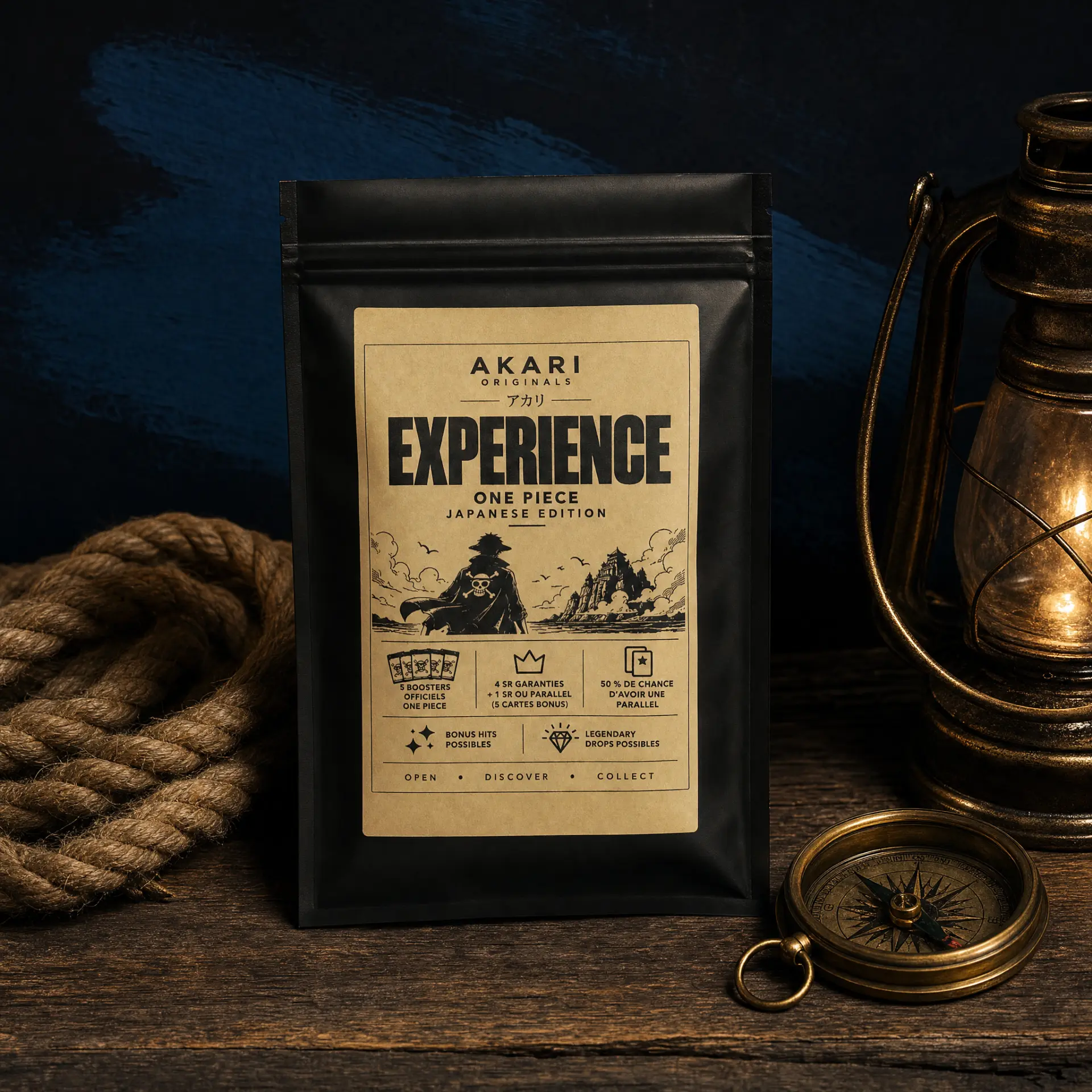 Akari Experience One Piece Japanese Edition — sachet noir à étiquette kraft sur une table en bois, corde, lanterne et boussole