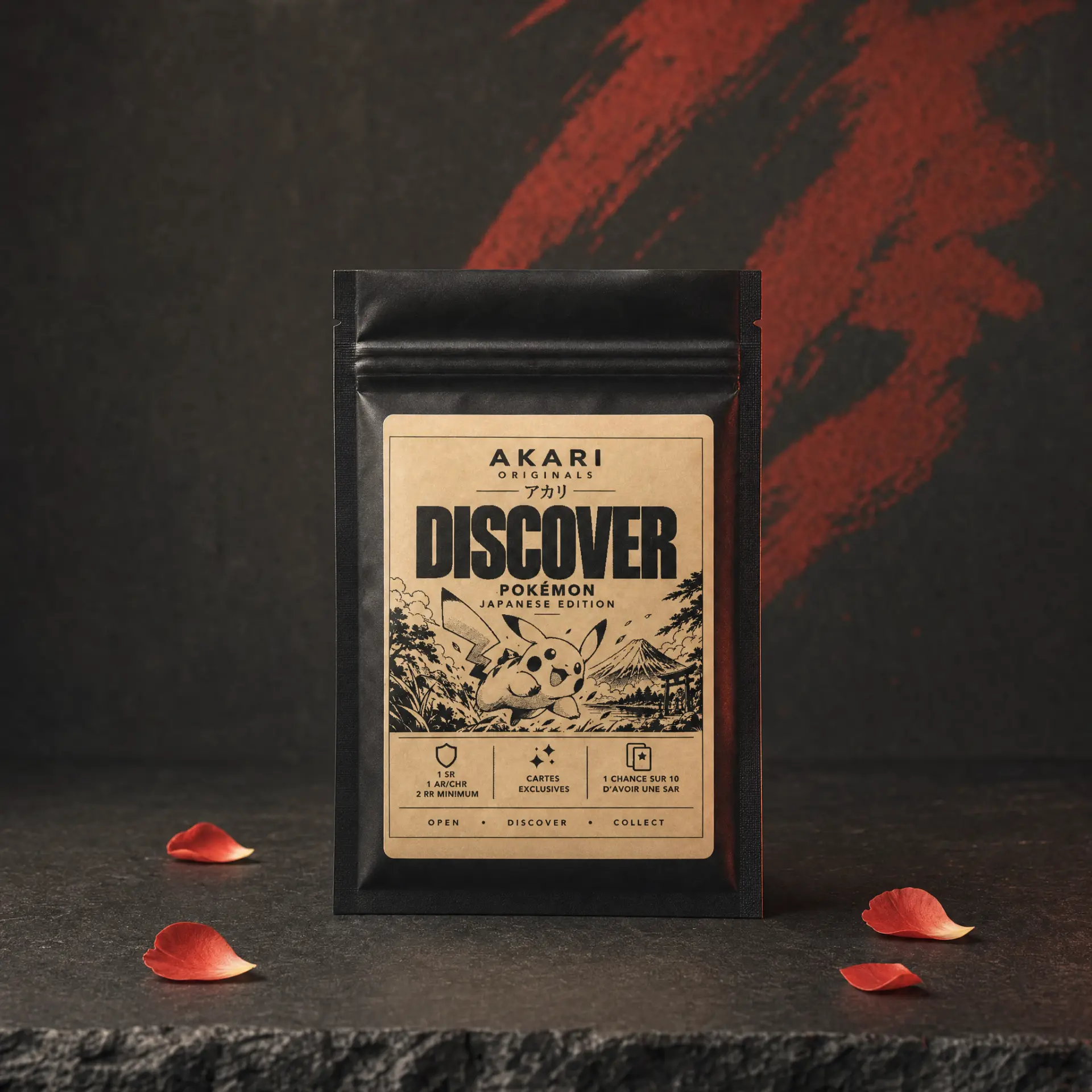 Akari Discover Pokémon Japanese Edition — sachet noir à étiquette kraft posé sur une pierre sombre
