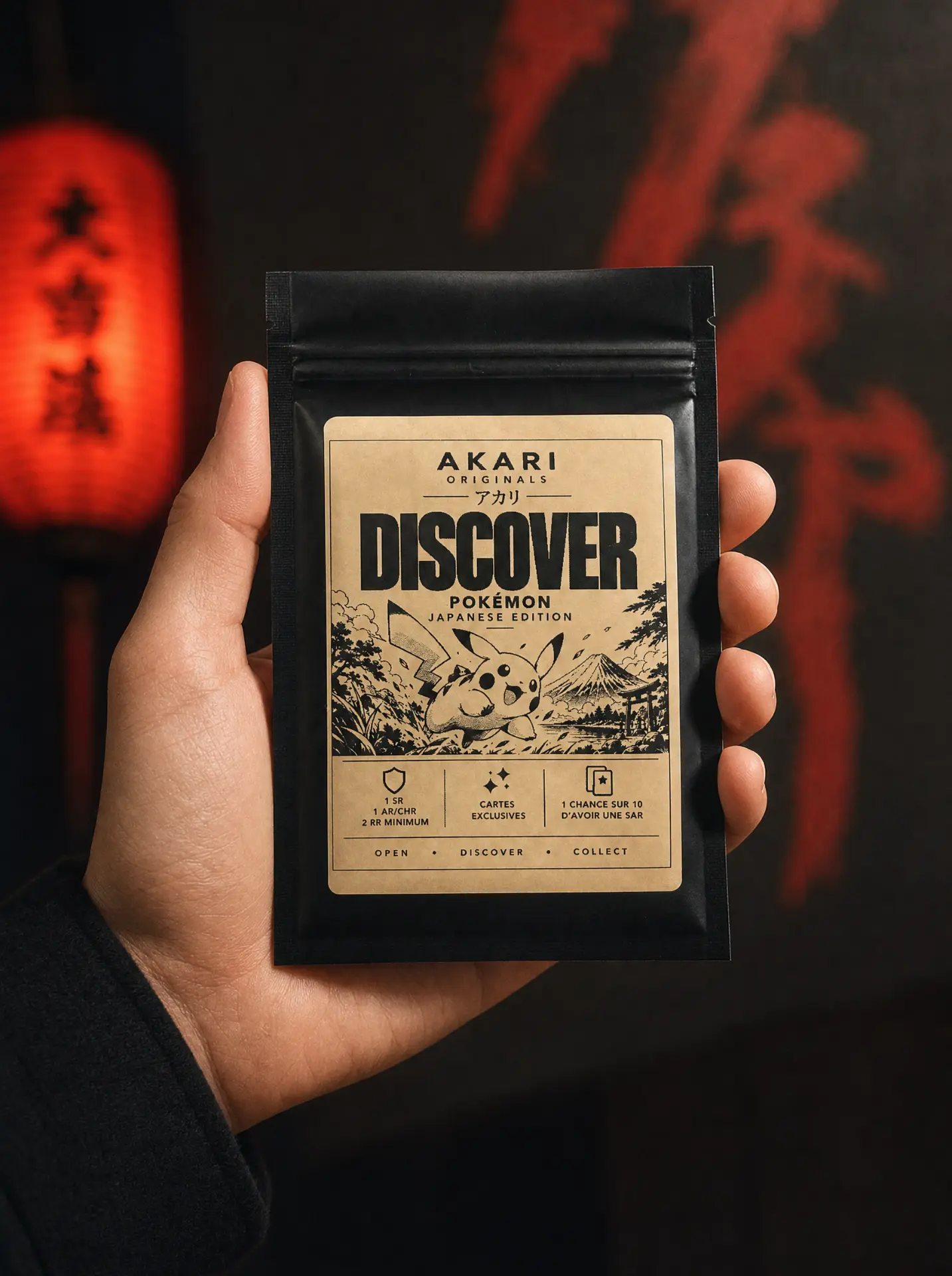 Sachet Akari Discover Pokémon tenu en main devant une lanterne rouge